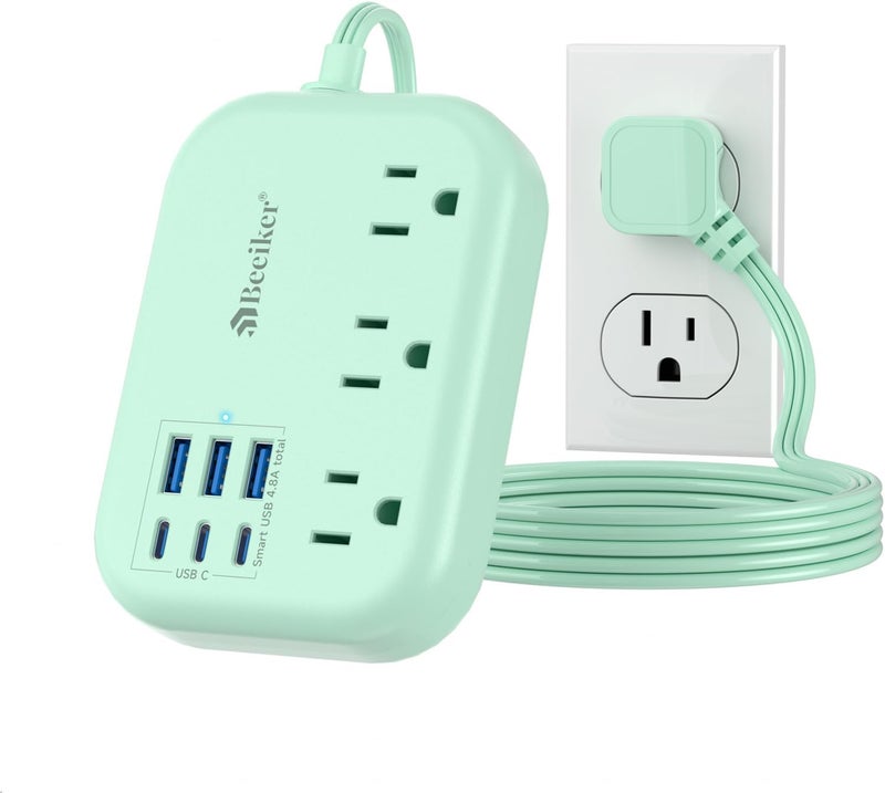 Beeiker 6 USB(3 USB C) Green Travel Power Strip- 5Ft Green Extension Cord with 6 USB Charging Station 24W and 3 Outlets, Cute Desk Accessories for Cruise Travel Kawaii Home Office Dorm Room - Image 1